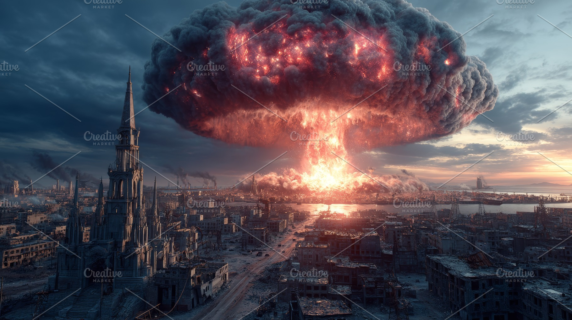 Nuclear explosion over a devastated coastal city with a towering mushroom cloud, a Photo by AS photostudio