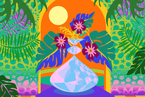 Tropical Bungalow Moon Light  Doorwa, a Background Graphic by Sharon Schwalbe