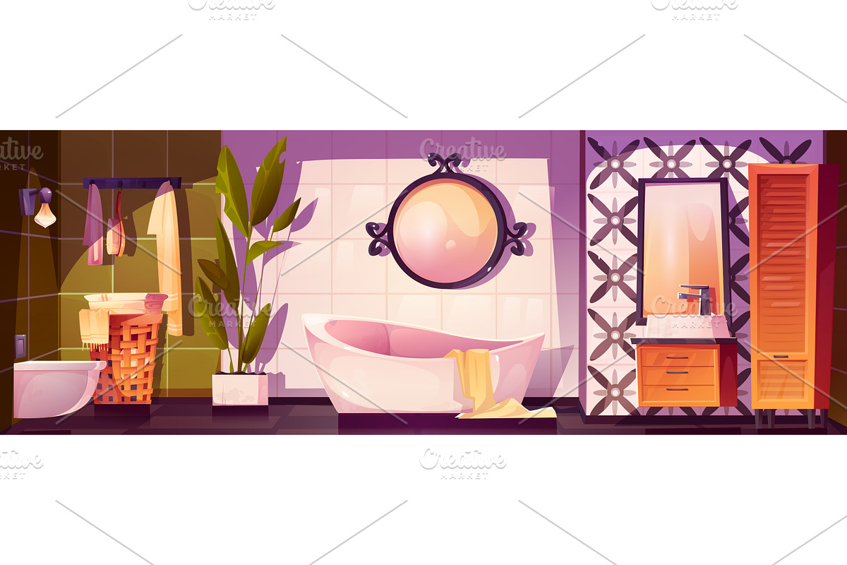 Stylish cartoon bathroom interior, an Object Illustration by art PVP - market