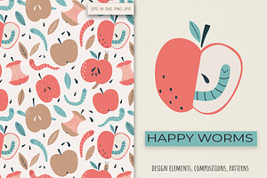 Happy Worms & Apples Clipart, a Food Illustration by Irina Ostapenko