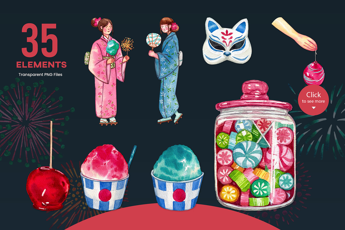 Japanese Summer Icons Watercolor, a Person Illustration by CreativeValuation (Photo 2 of 11)