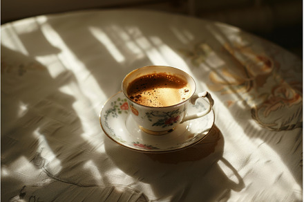 Cup of coffee casting shadows on, a Food & Drink Photo by Ylivdesign