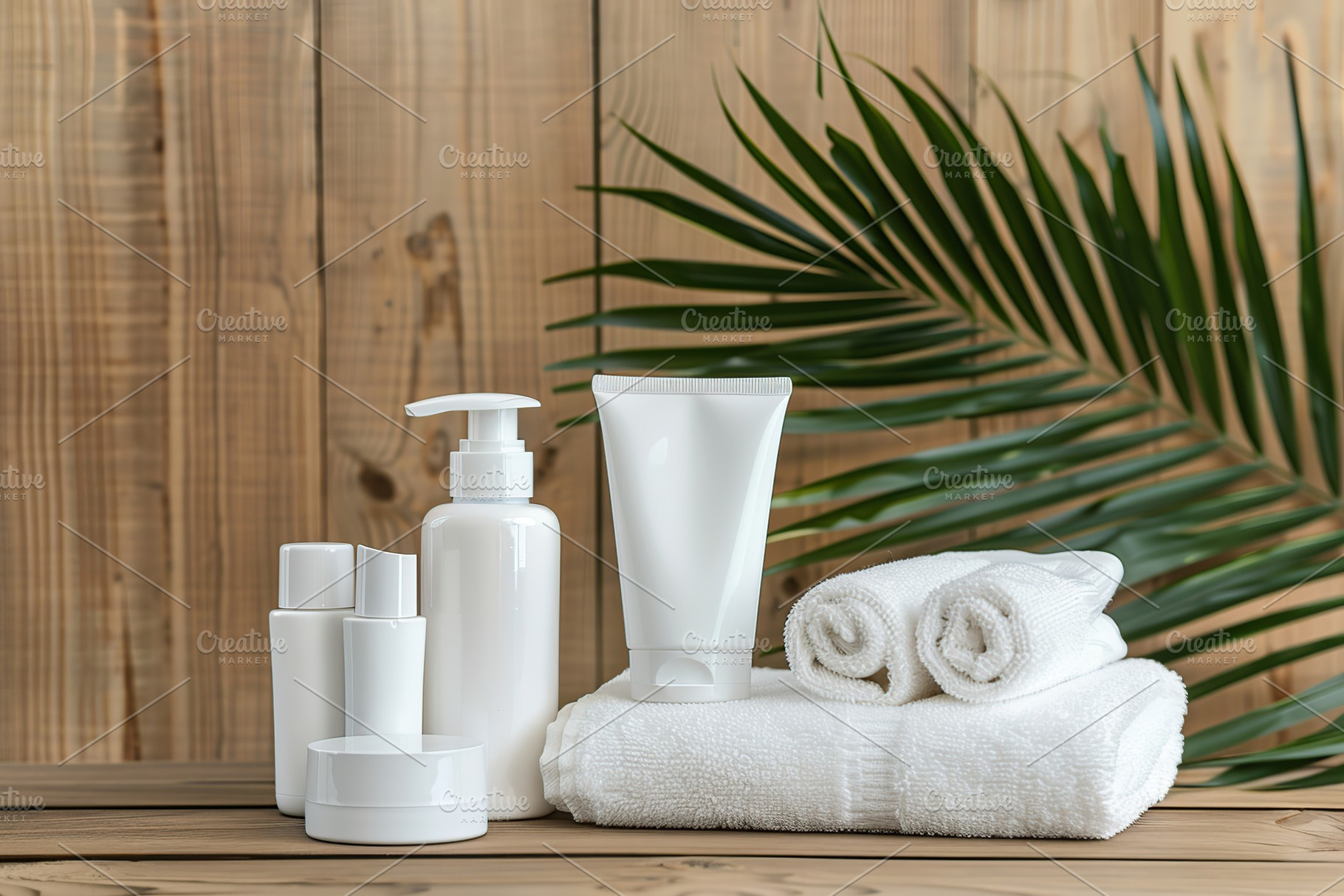 Blank cosmetic containers with towels and green palm leafs on wooden background, a Health & Medical Photo by AlyaAnd