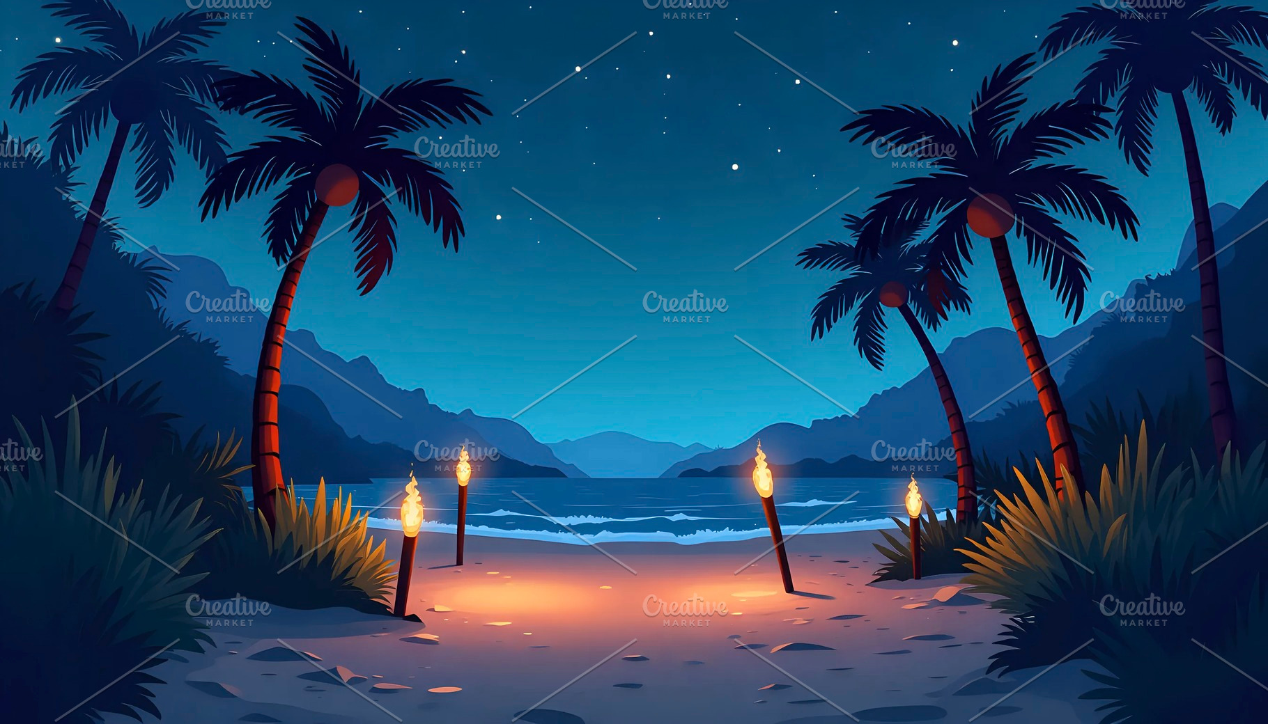 Island Pathway With Bamboo Torches A, a Photo by LOGOCREATIVE