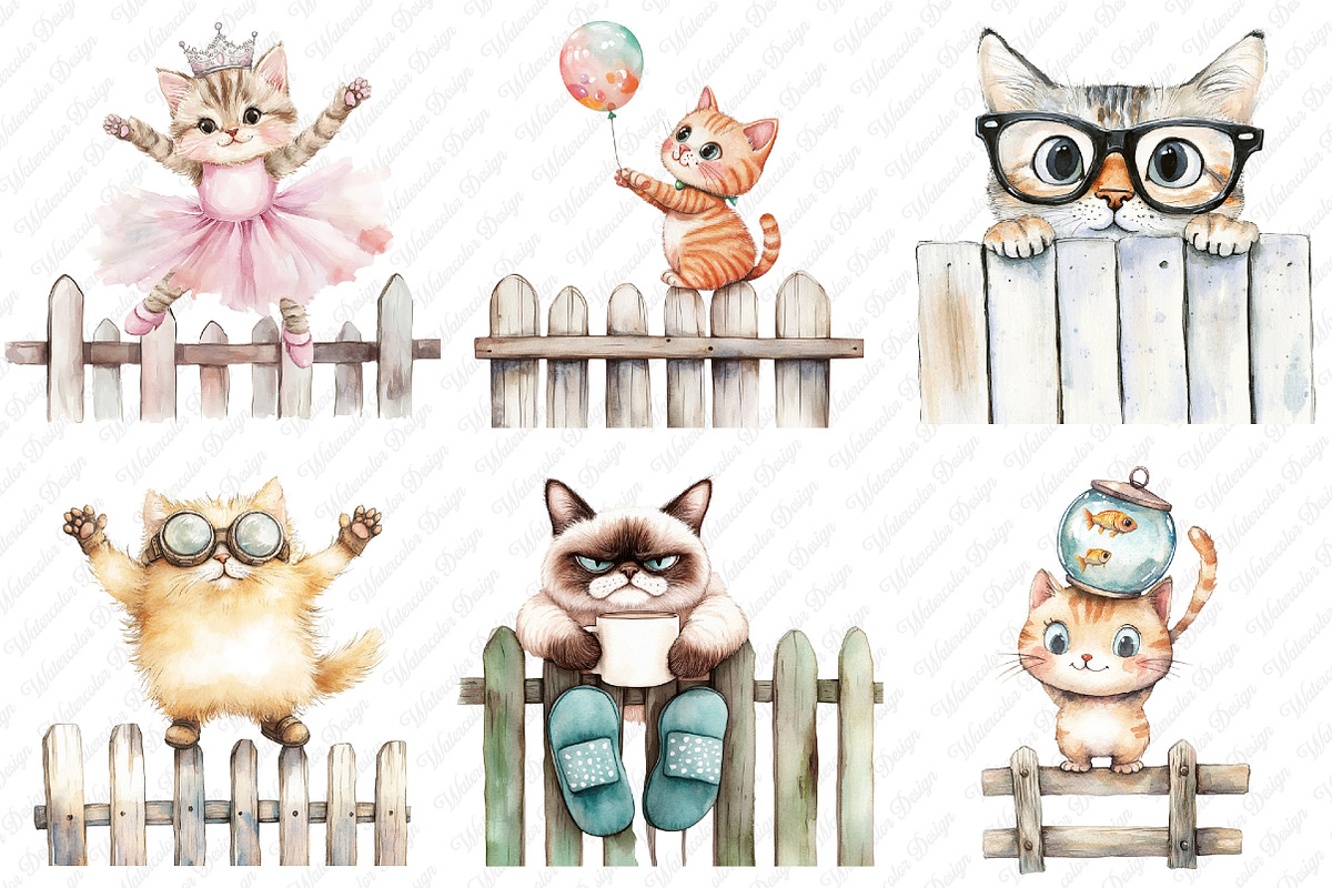 Quirky Cats on a fence clipart, an Illustration by Watercolor design (Photo 4 of 12)