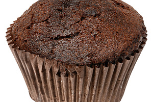 Close up of one chocolate muffin in paper form, isolated backgro, a Food & Drink Photo by ndanko