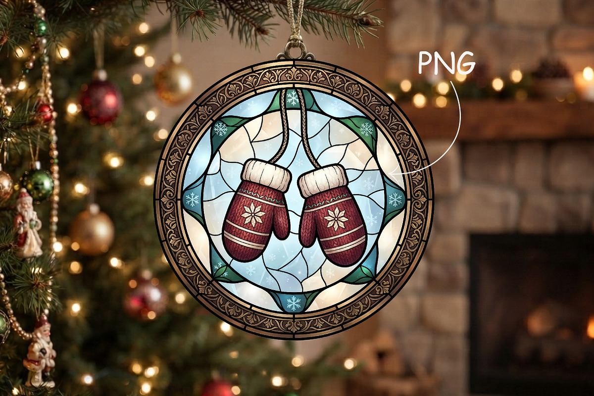 Stained Glass Mittens Christmas Art, a Seasonal Illustration by CrexoraLab (Photo 1 of 3)