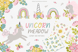 Unicorn Meadow Clipart & Pattern