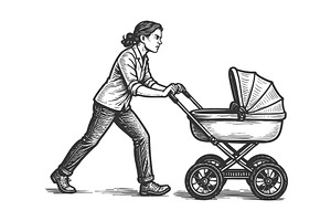 woman pushing baby stroller, a Person Illustration by AlexArt
