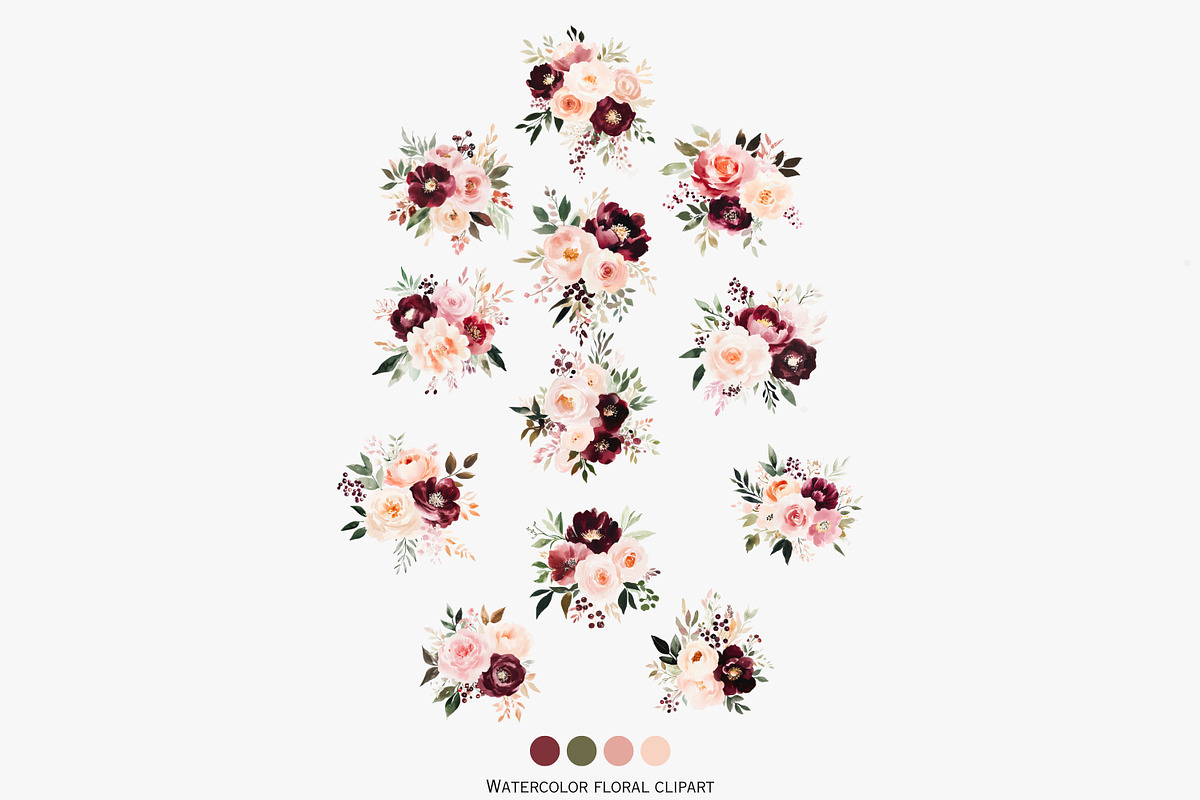 burgundy florals blush roses set, a Decorative Illustration by Patishop Art