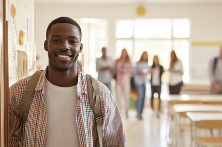 Young african american man entering classroom with students in b