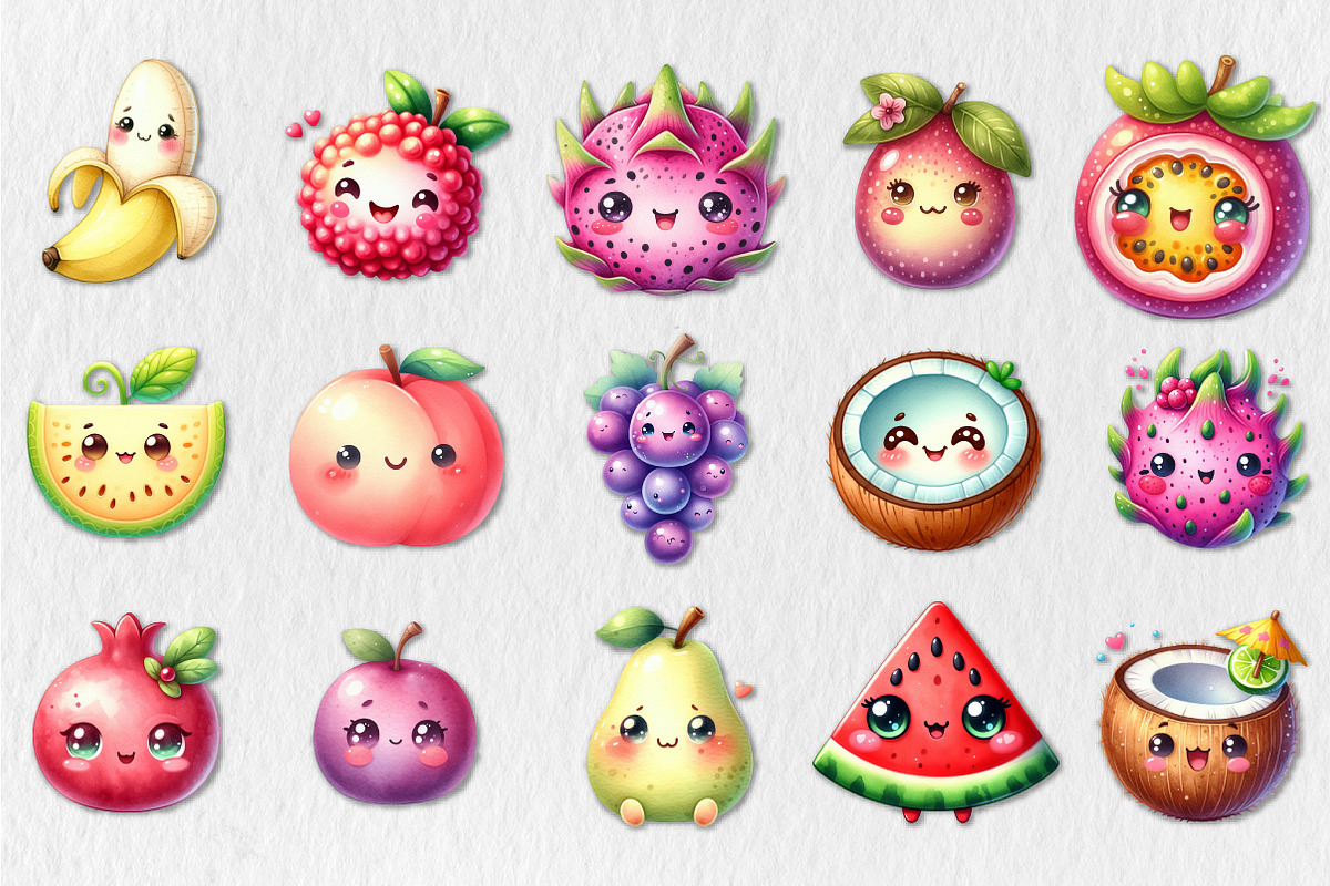 Kawaii Cute Fruit Clipart Bundle, a Seasonal Illustration by Rose Art (Photo 4 of 4)