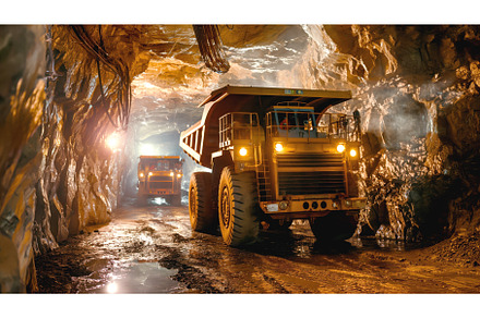 Large dump trucks in an illuminated, an Industrial Photo by Sergey Kotenev