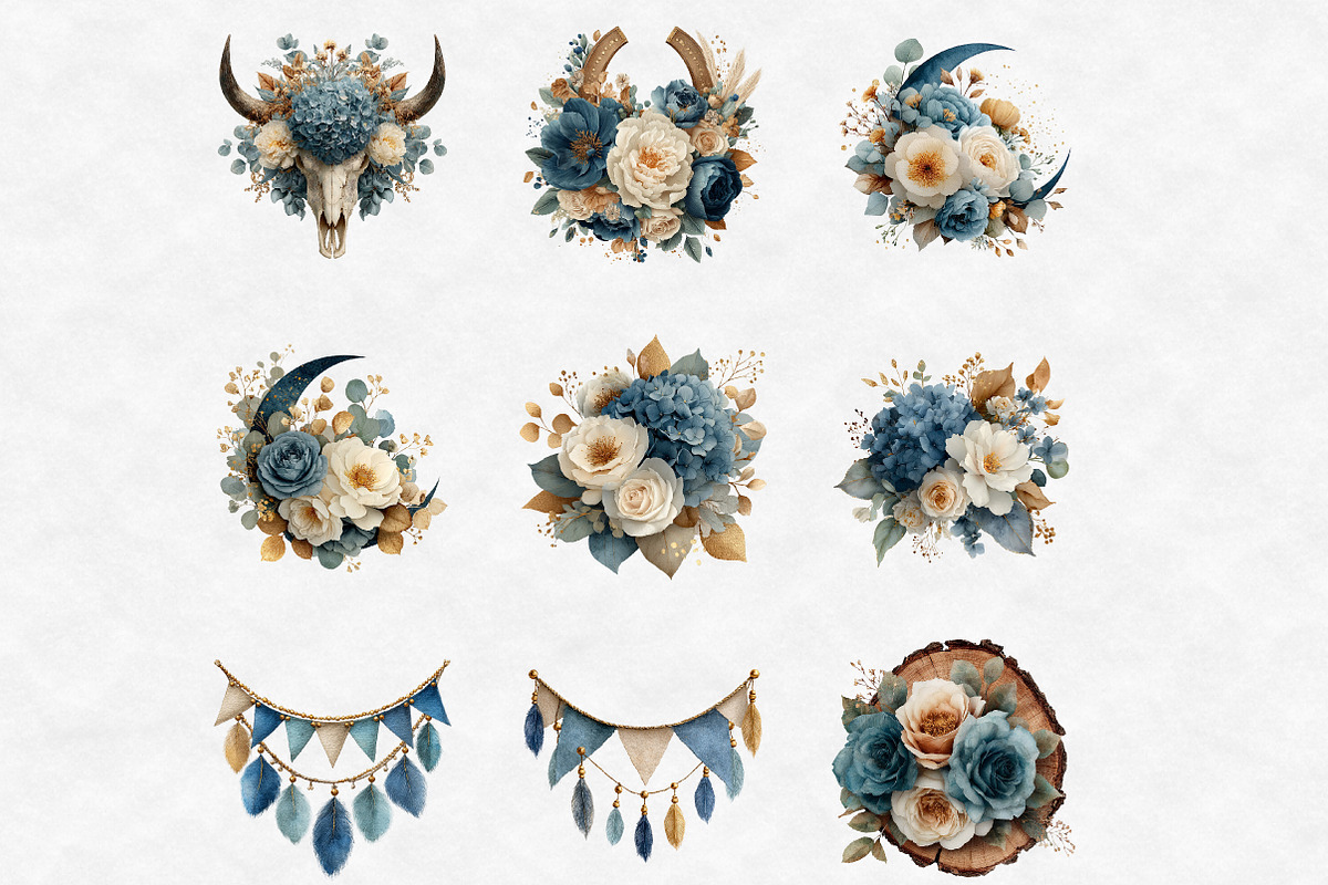 Watercolor Blue Western Boho Clipart, an Illustration by Designworld (Photo 5 of 6)