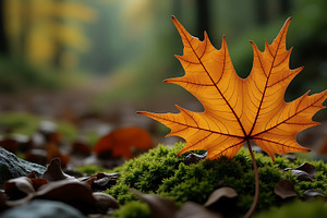 Vibrant orange maple leaf rests, a Background Photo by Artonix