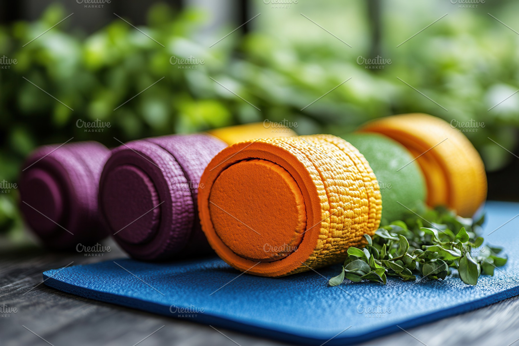 Vibrant workout mats arranged on a b, a Photo by Tanuart