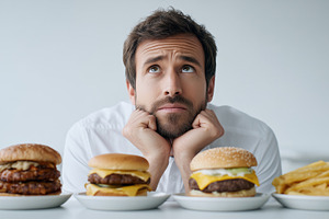 Thoughtful man sits in front of food, a Food & Drink Photo by MistyDay