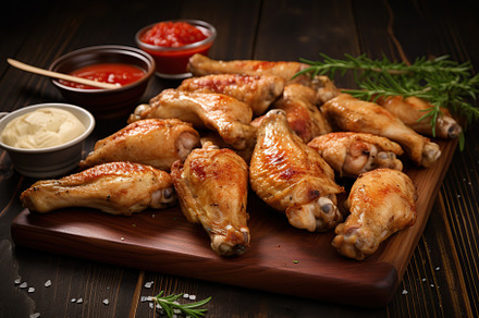Grilled chicken legs with rosemary on brown wooden background, a Food & Drink Photo by AlyaAnd