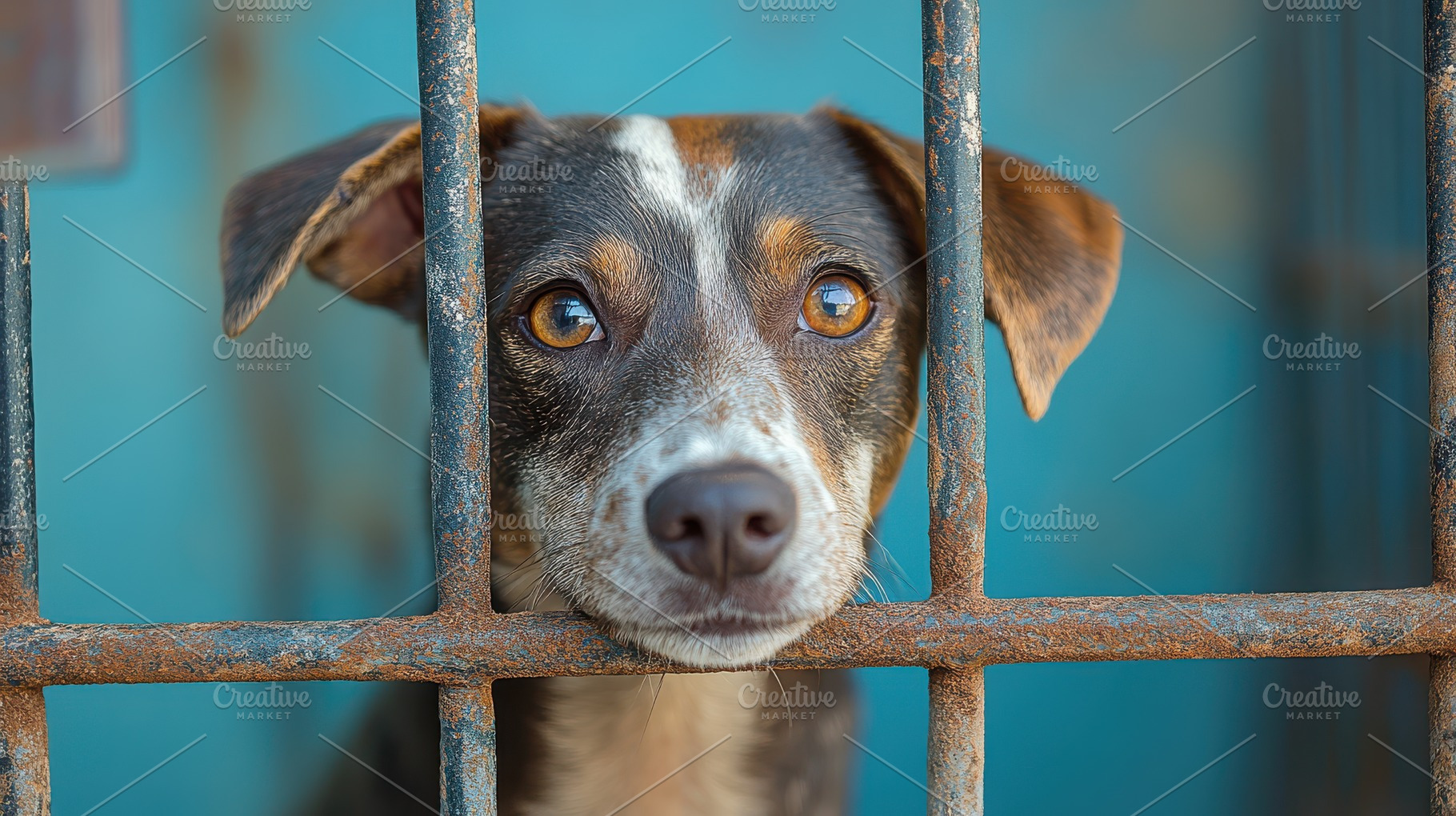 Dog behind bars, looking sad. Shelte, an Animal Photo by Pixeness Studio