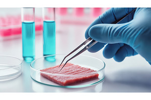 Scientist handling lab-grown meat, a Technology Photo by tilialucida