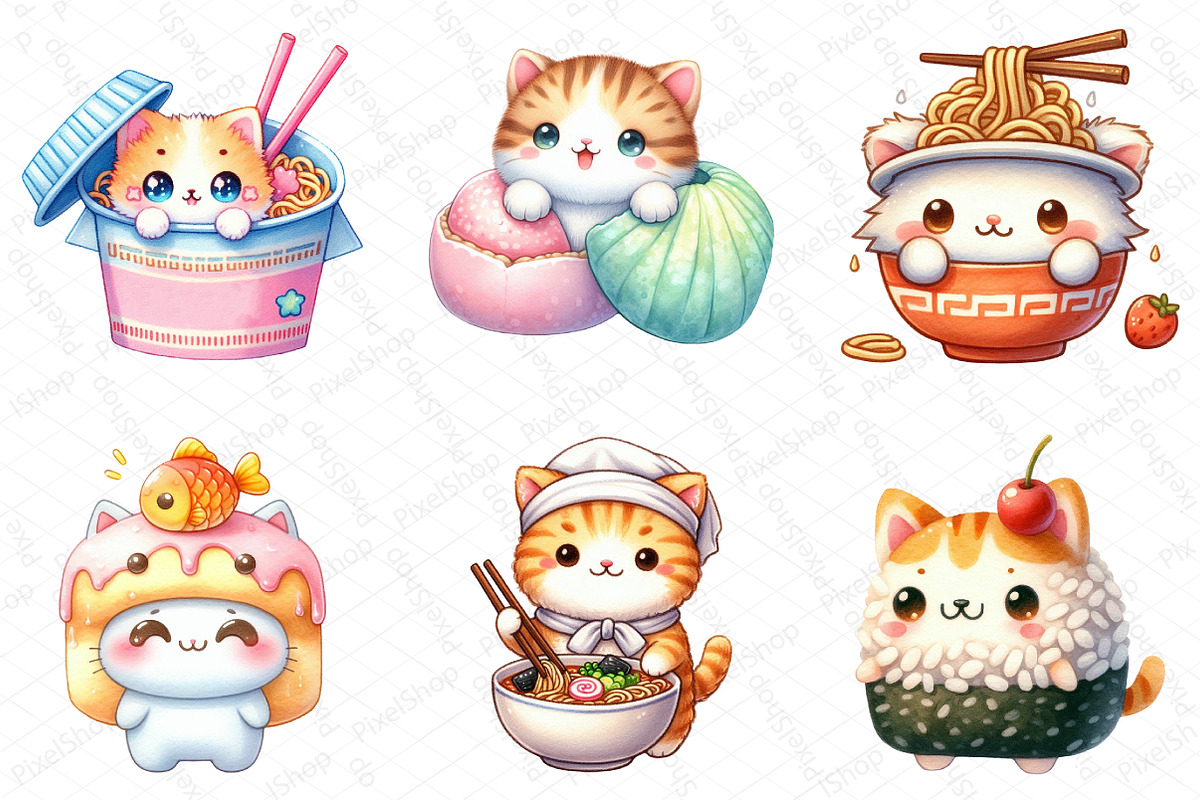 Kawaii Cat Japanese Food Clipart, an Illustration by DreamPrint404 (Photo 4 of 6)