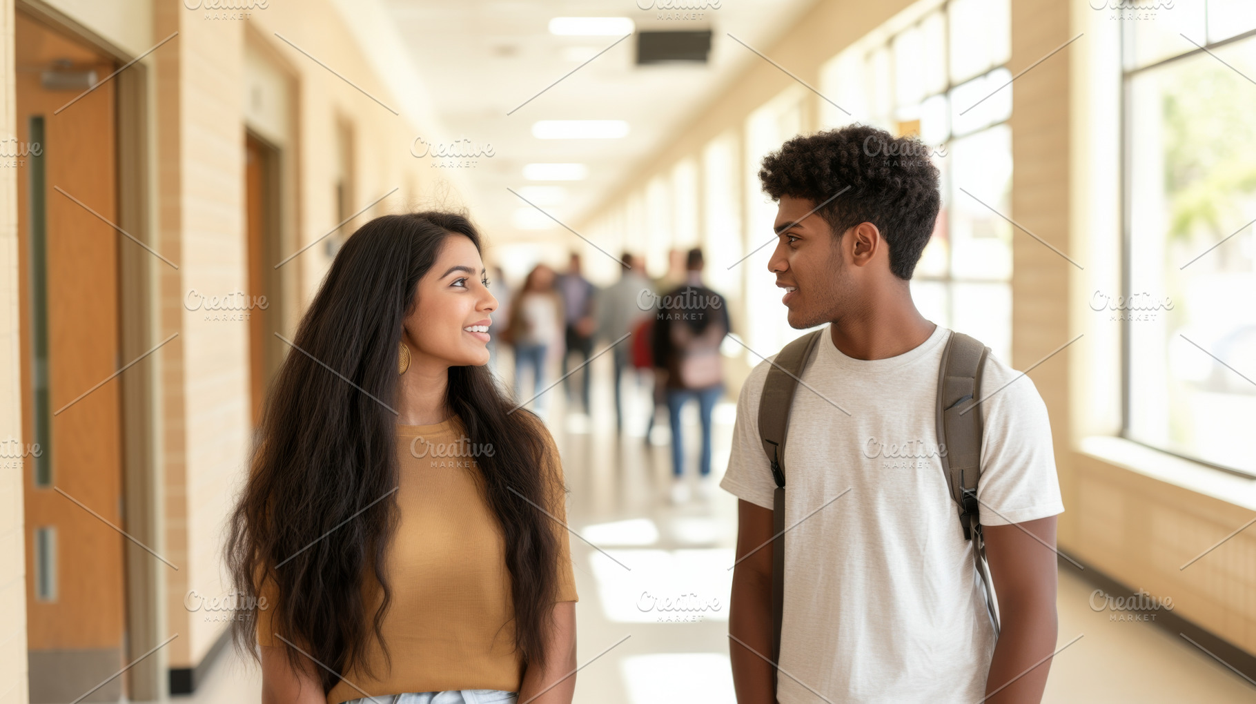 College students in urban setting, indian or latin american woma, a Photo by Dvoevnore photos
