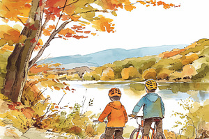 Two children enjoying a scenic lakeside bike ride during autumn season, a Photo by AS photostudio