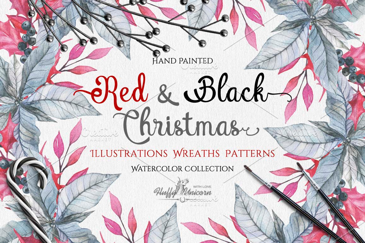 Watercolor Red & Black Christmas Set, an Illustration by Fluffy Unicorn (Photo 6 of 6)