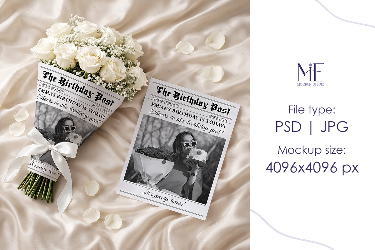 Wedding Newspaper Mockup with Bouque, a Mockup by Mie Mockup Studio (Photo 5 of 8)