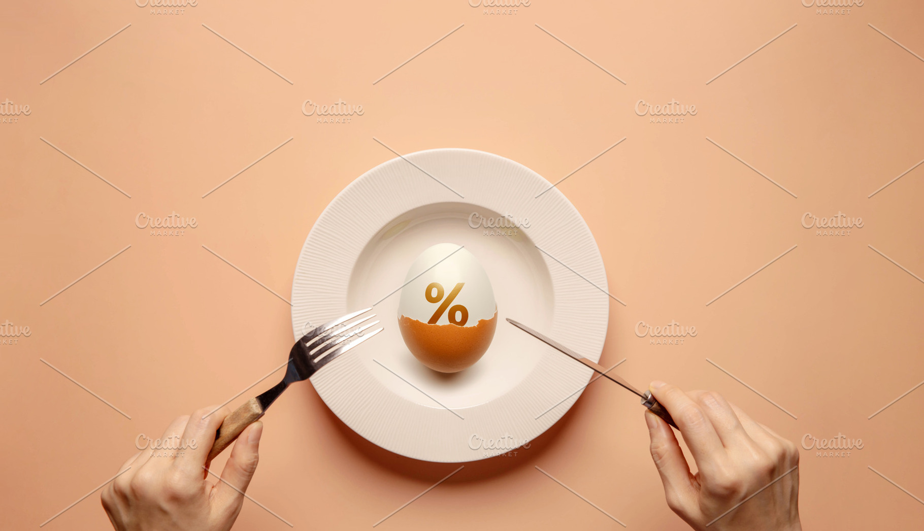 Boiled egg and percentage symbol on a plate. Inflation, rising f, a Photo by salmon.black