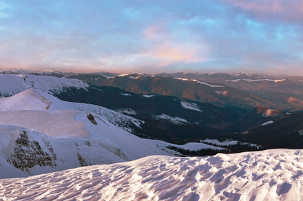 Twilight mountain winter panorama, a Nature Photo by YuriyB