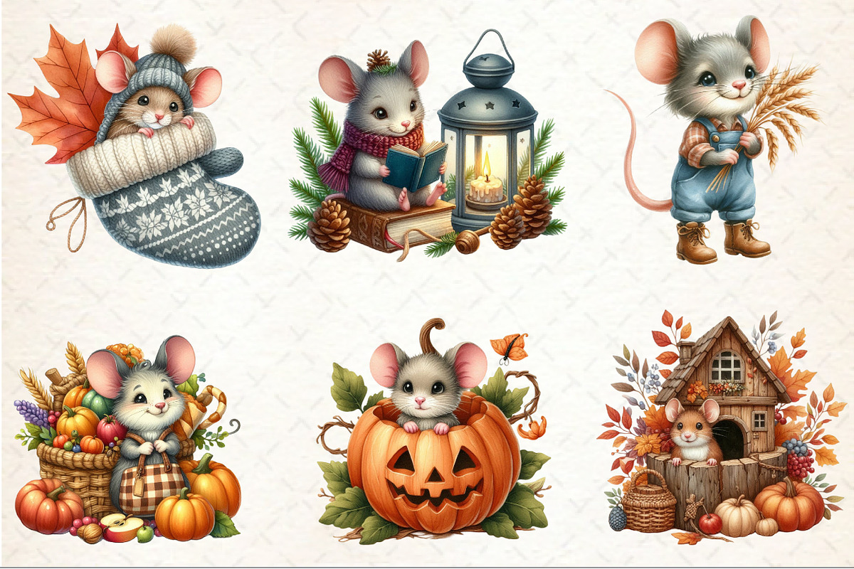 Watercolor Autumn Mouse Clipart, an Illustration by Rose Art (Photo 3 of 7)