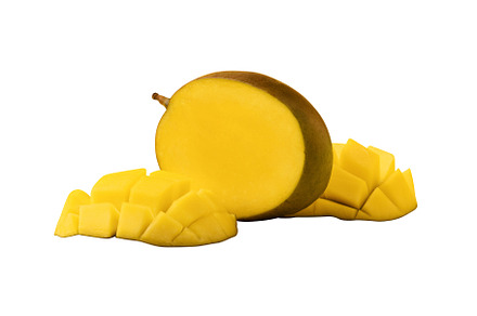 mango fruit with mango sliced cubes isolated on white background, a Food & Drink Photo by Ales Munt