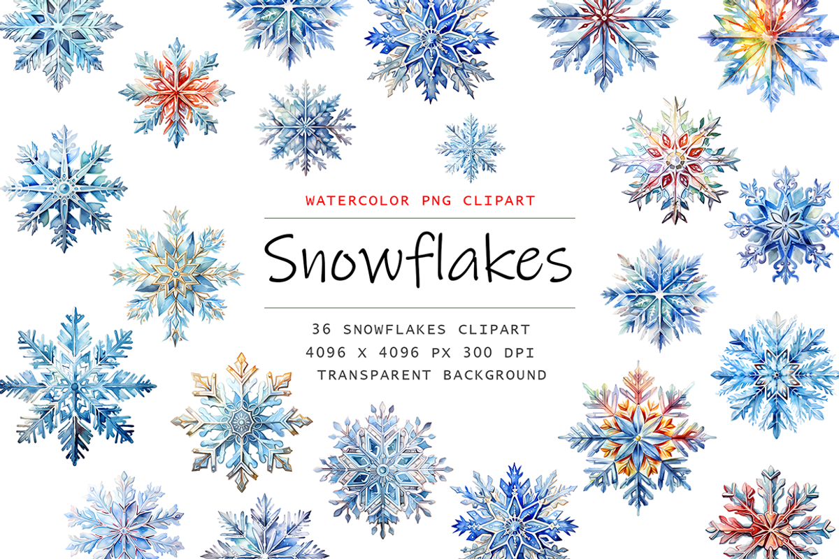 Watercolor Snowflake Clipart, a Decorative Illustration by stickermadness (Photo 1 of 3)