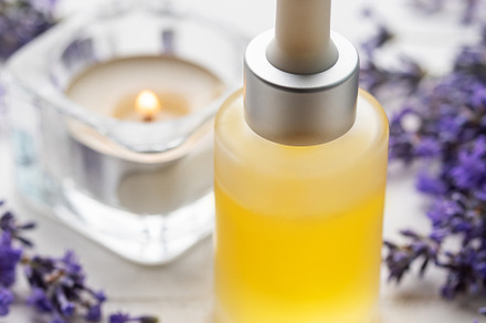 Lavender  natural essential oil and fresh lavender on a white t, a Health & Medical Photo by Olena Rudo