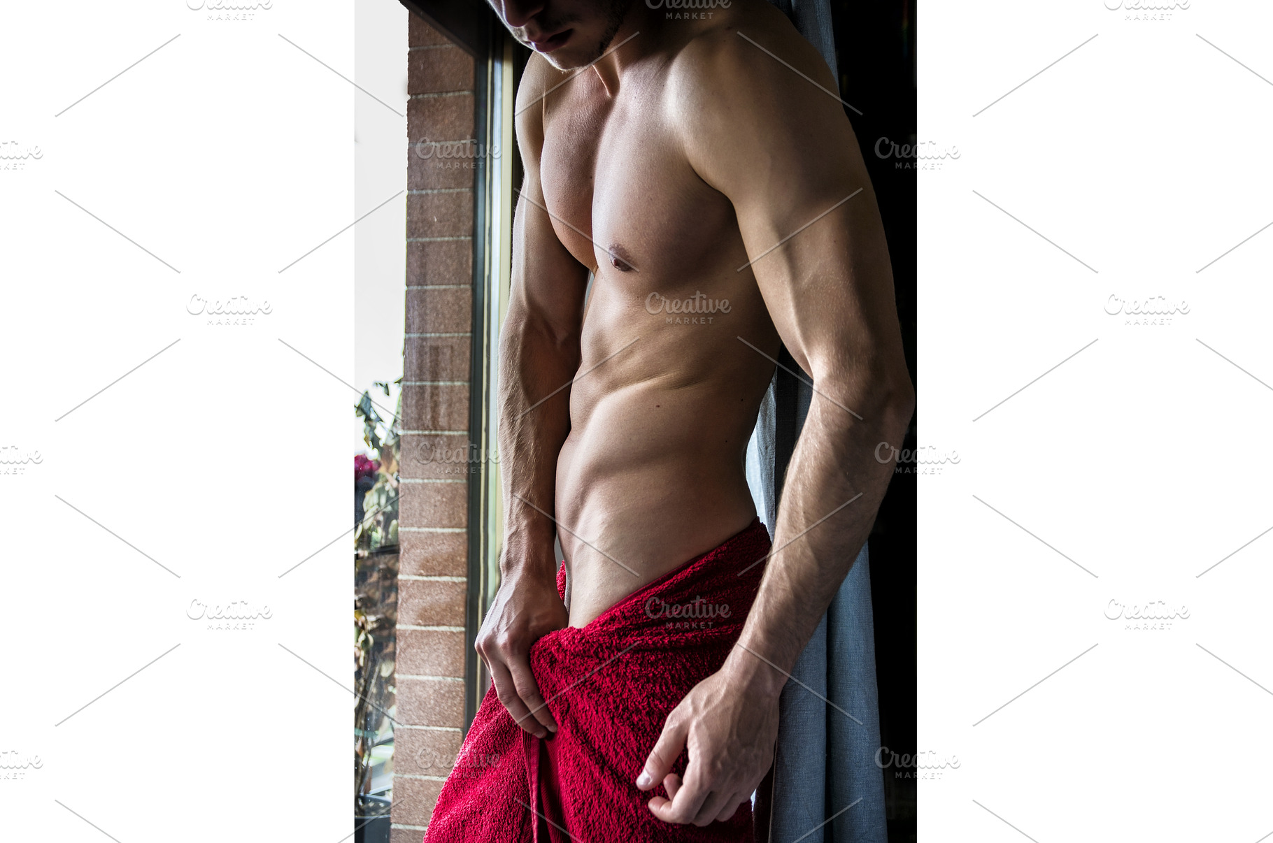 Pensive topless man looking out of, a Person Photo by ArtOfPhotos photo store