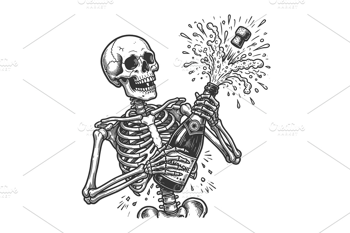 Skeleton Opening Exploding Champagne, an Illustration by AlexArt