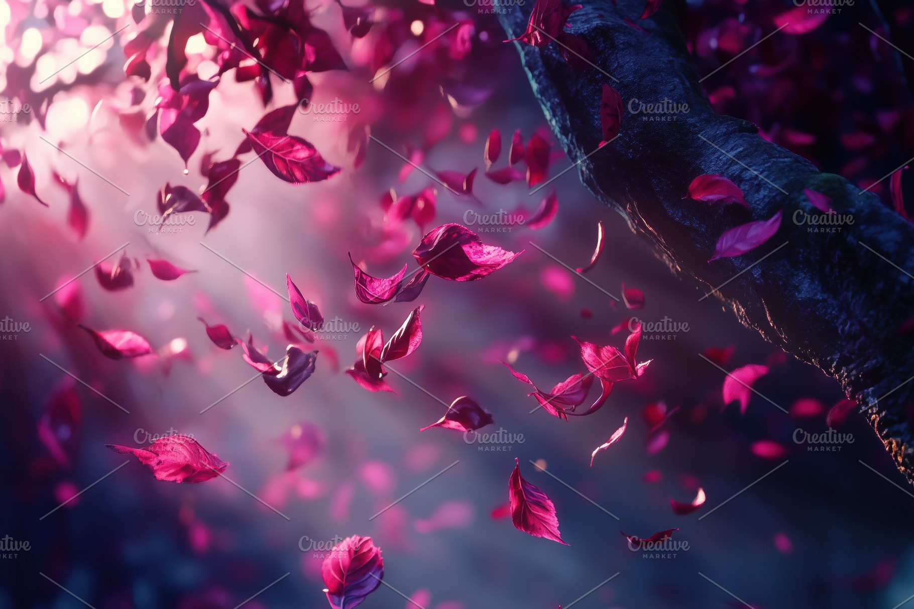 A dreamy scene of pink leaves swirling in the air, illuminated by soft light be, a Photo by Textures & Backgrounds