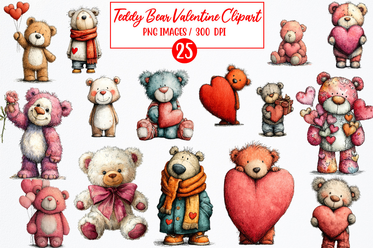 Lovely Teddy Bear Valentine Clipart, an Illustration by Watercolor design (Photo 1 of 6)