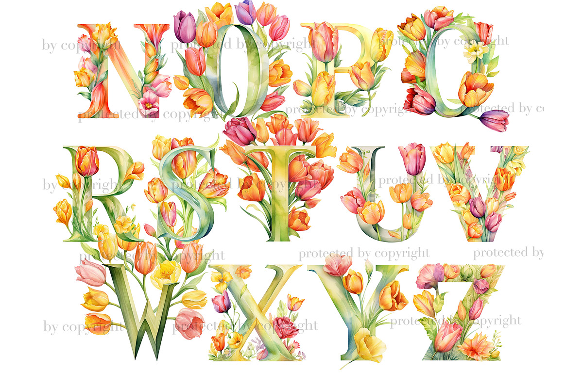 Tulips Alphabet Clipart | Flowers, a Decorative Illustration by GlamArtZhanna (Photo 4 of 6)