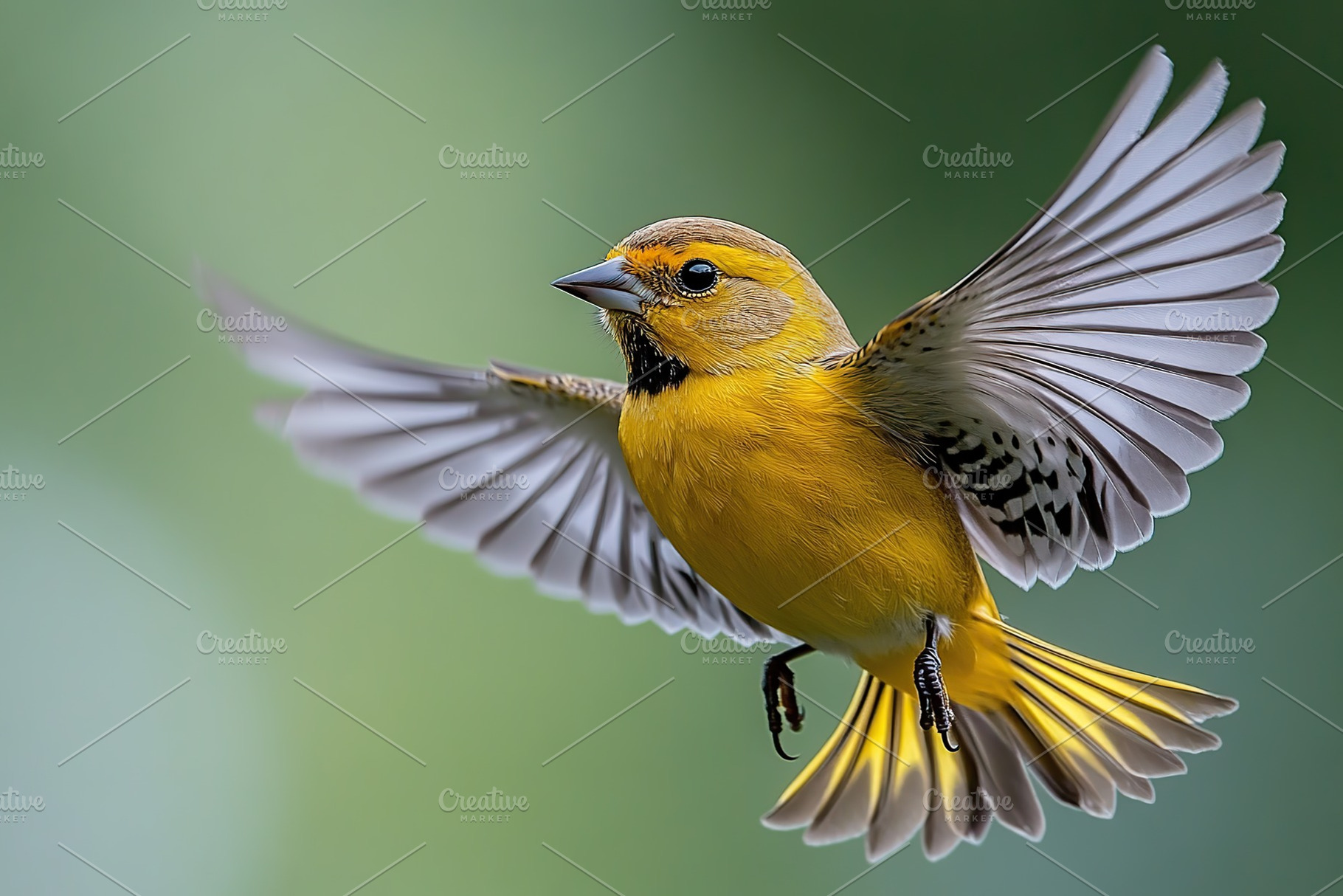 Beautiful goldfinch bird in fly on blurred green background, an Animal Photo by AlyaAnd