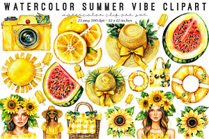 Watercolor Summer Vibe Clipart, an Illustration by SinaCreation