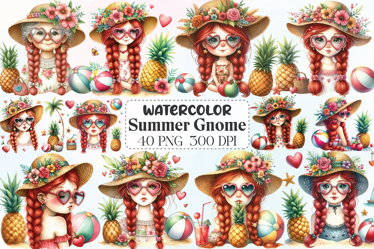 Watercolor Summer Gnome Clipart, an Illustration by CraftArtStudio (Photo 1 of 6)
