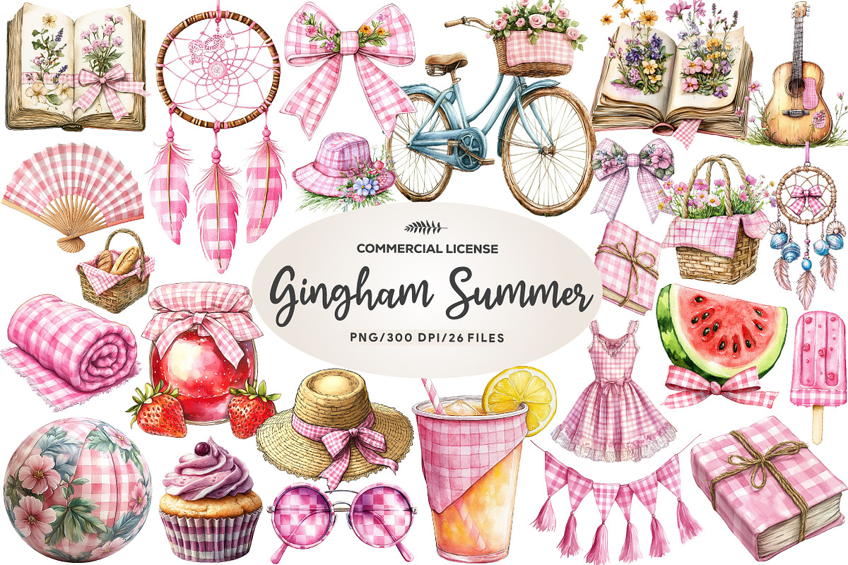 Bohemian Pink Gingham Summer Clipart, an Illustration by CreationArt (Photo 1 of 5)