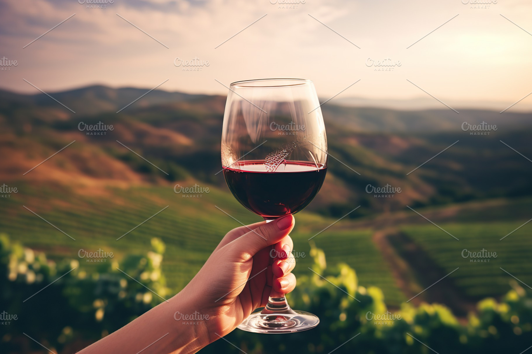 Female hand holding glass of red wine on vineyard background, a Food & Drink Photo by AlyaAnd
