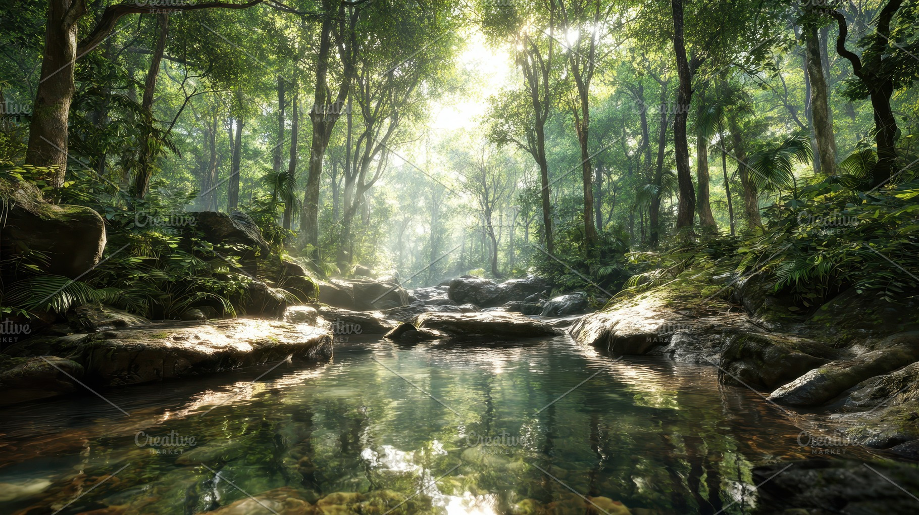 Forest stream with sunlight filterin, a Photo by Pavel_design