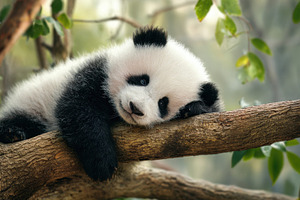 Panda cub resting on a tree branch, a Photo by Beautiful things