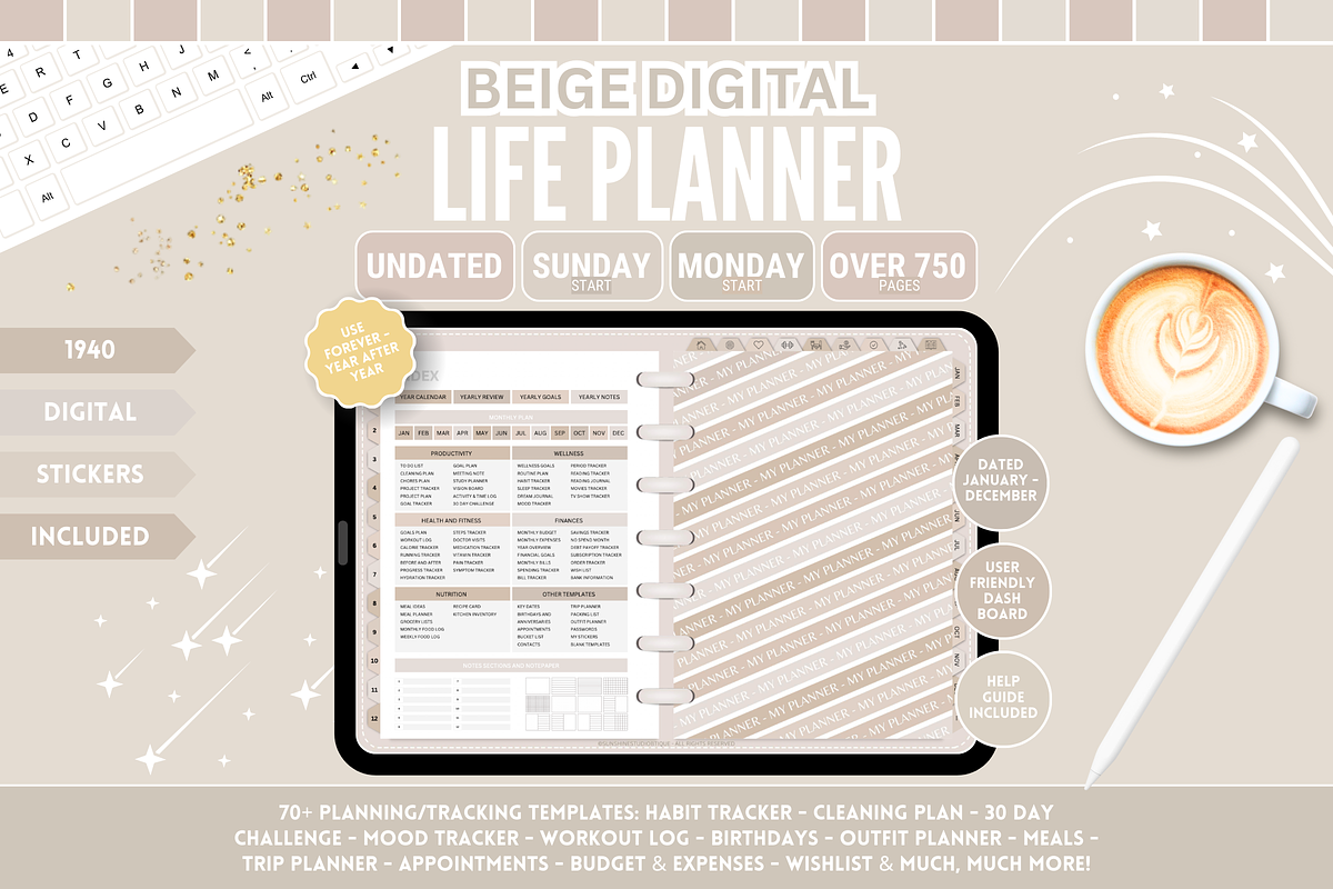 Cute Digital Life Planner 750+ pages, a Templates & Theme by SunshineStudioBoutique (Photo 1 of 9)
