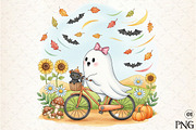 Halloween Fall Ghost Cat Flowers Aut, an Illustration by DreamArtGraphic (Thumbnail 1 of 4)