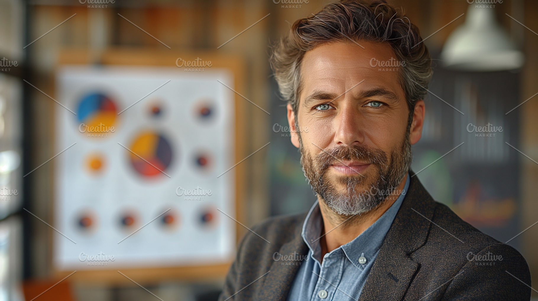 A confident middle-aged Caucasian man with a beard in a stylish blazer, posing, a Person Photo by ImageMir